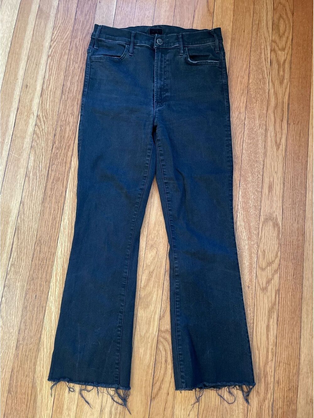 MOTHER The Hustler Ankle Fray Jeans Black 29 Cropped Kick Flare Raw Hem 90s